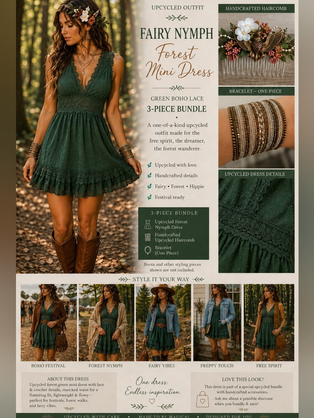 🌿 FAIRY NYMPH FOREST MINI DRESSGreen Boho Lace • Upcycled 3-Piece Bundle••Sz ~4